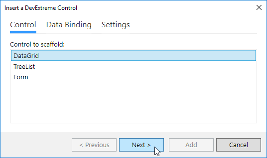 The Insert a DevExtreme Control window