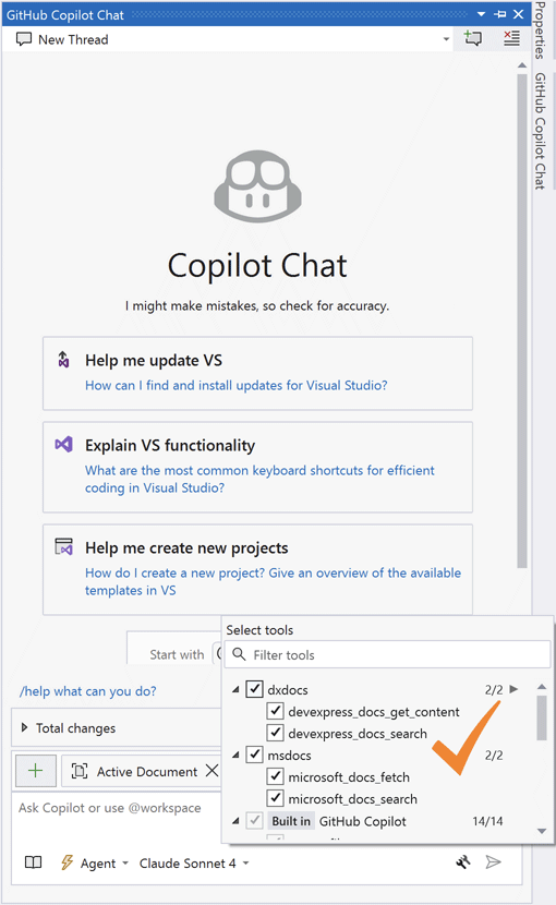 Visual Studio GitHub Copilot Chat — DevExpress MCP Server Tools