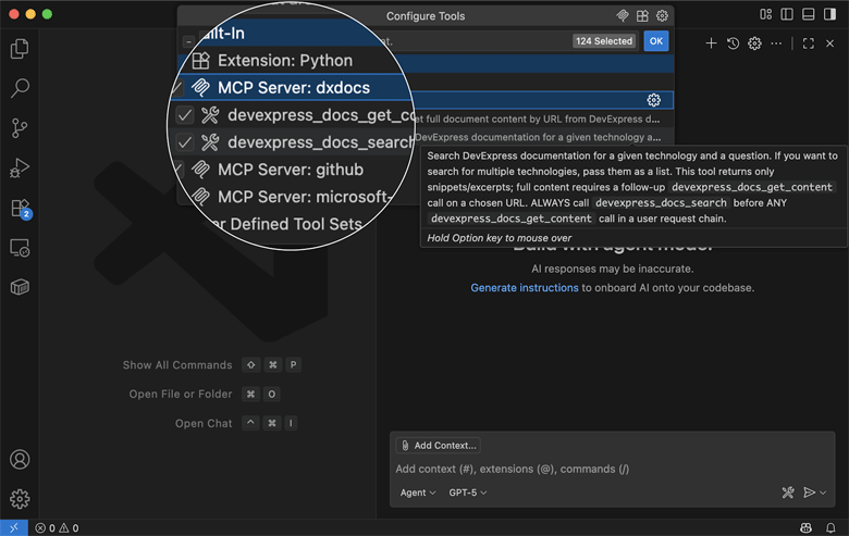 Visual Studio Code GitHub Copilot Chat — DevExpress MCP Server Tools