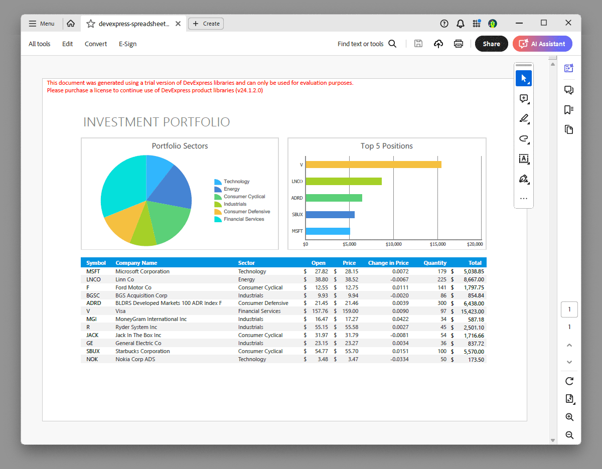 Trial Version Message: Spreadsheet PDF Export