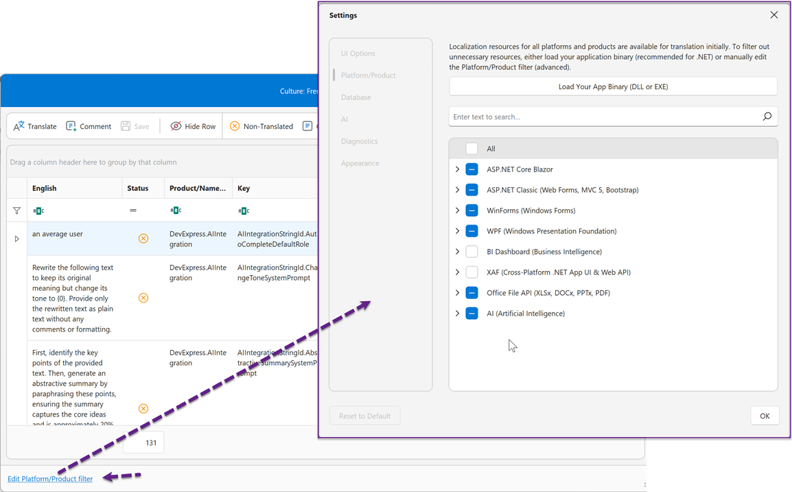 Localization Tool - Edit Platform/Product Filter Command, DevExpress