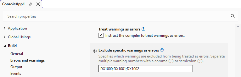 Treat warnings as errors - license key settings