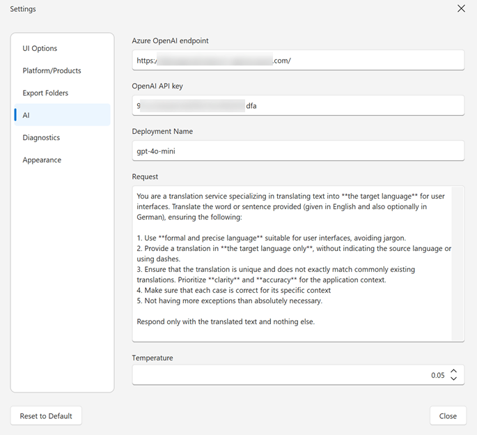 Localization Tool - AI Settings, DevExpress