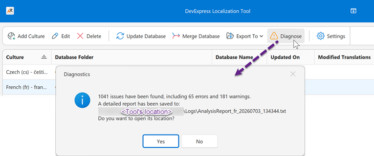 Localization Tool - Diagnose Button, DevExpress