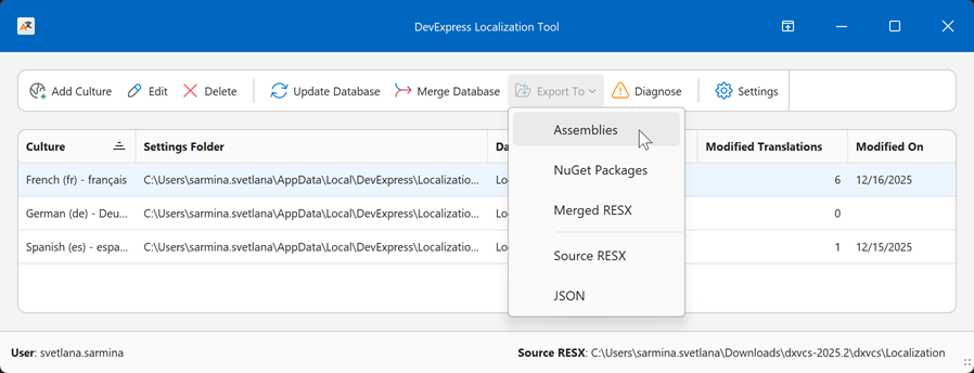 Localization Tool - Open Export to Satellite Assemblies Dialog, DevExpress