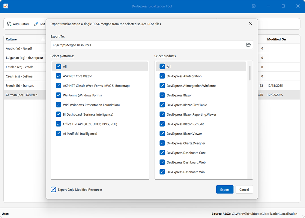 Localization Tool - Export to Merged RESX Dialog, DevExpress