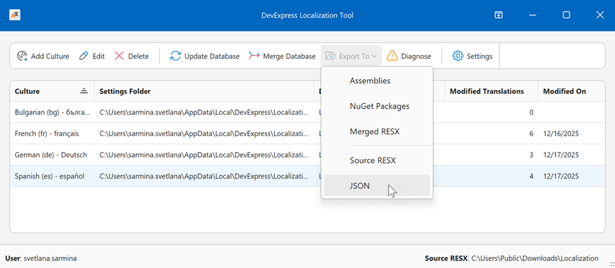 Localization Tool - Export to JSON, DevExpress
