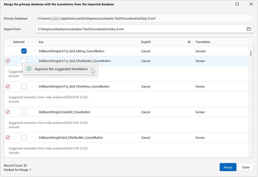 Localization Tool - Merge Database Dialog, DevExpress