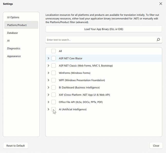 Localization Tool - Platform/Product Filter Selection, DevExpress
