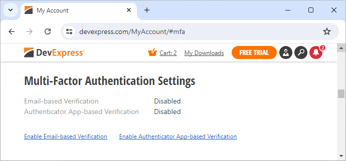 Access DevExpress Account MFA Settings