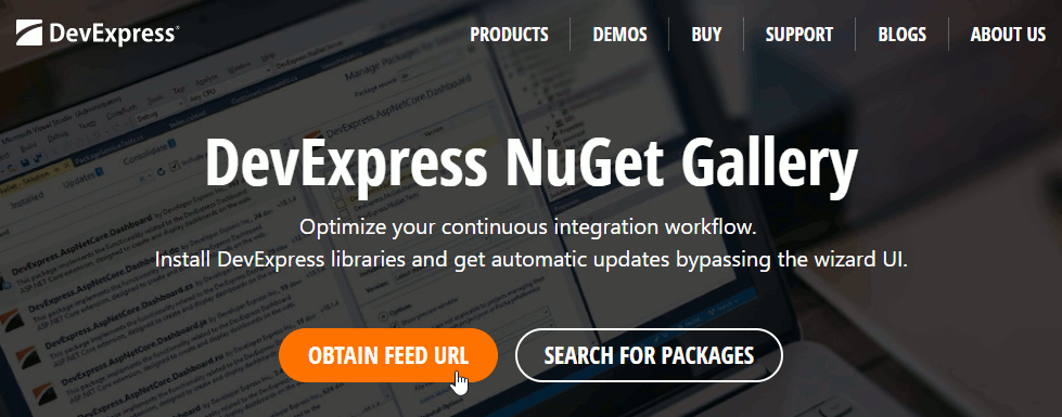 DevExpress NuGet Page - Feed URL Button