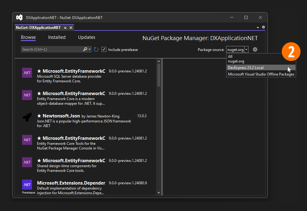 Select the DevExpress Local NuGet Feed as a Package Source