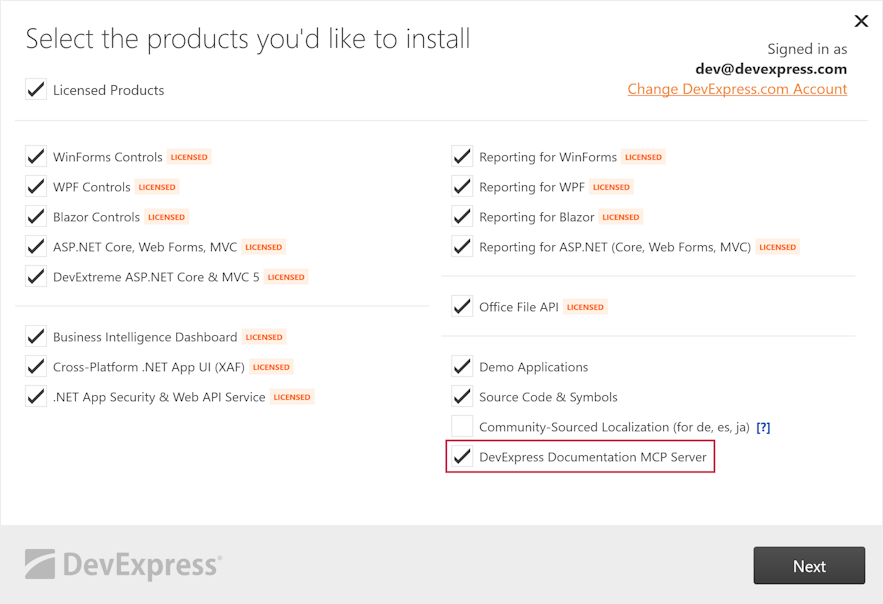 Unified Installer - DevExpress Documentation MCP Server Option
