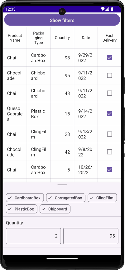 DevExpress DataGridView for MAUI - Filters in a BottomSheet