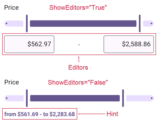 DevExpress Filtering UI for MAUI - Range Slider Show Editors