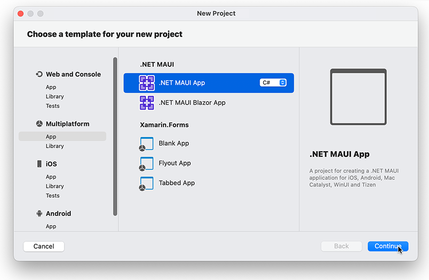 Create a new project - VS for Mac