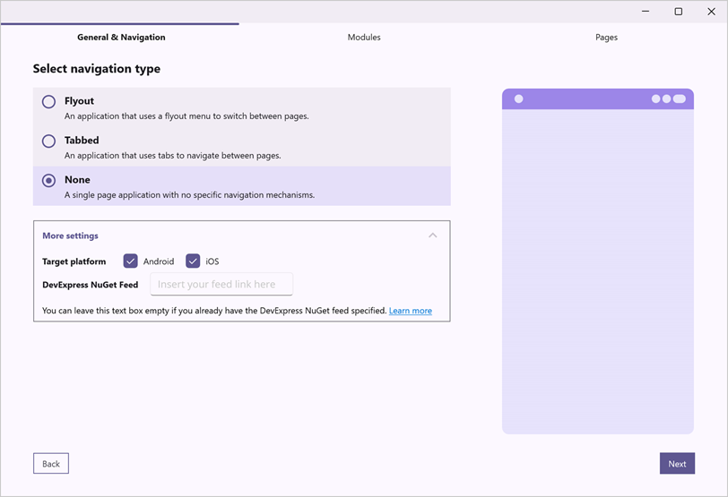 DevExpress Project Wizard for .NET MAUI - General tab