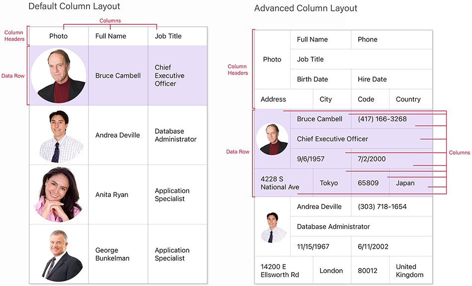 DevExpress MAUI Grid - Column Layouts