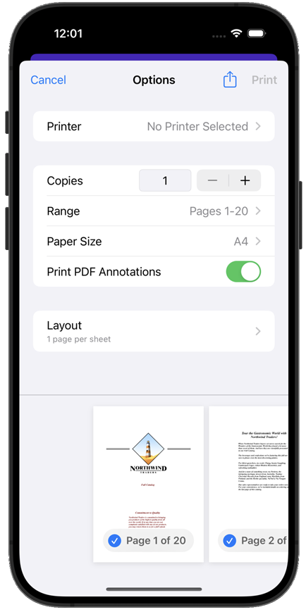 DevExpress PDF Viewer for .NET MAUI - iOS print dialog