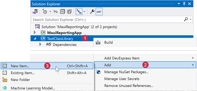 DevExpress Reporting and .NET MAUI PDF viewer - Add a new item to the project