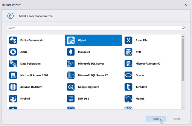 DevExpress Reporting and .NET MAUI PDF viewer - Report wizard - Select a data connection type