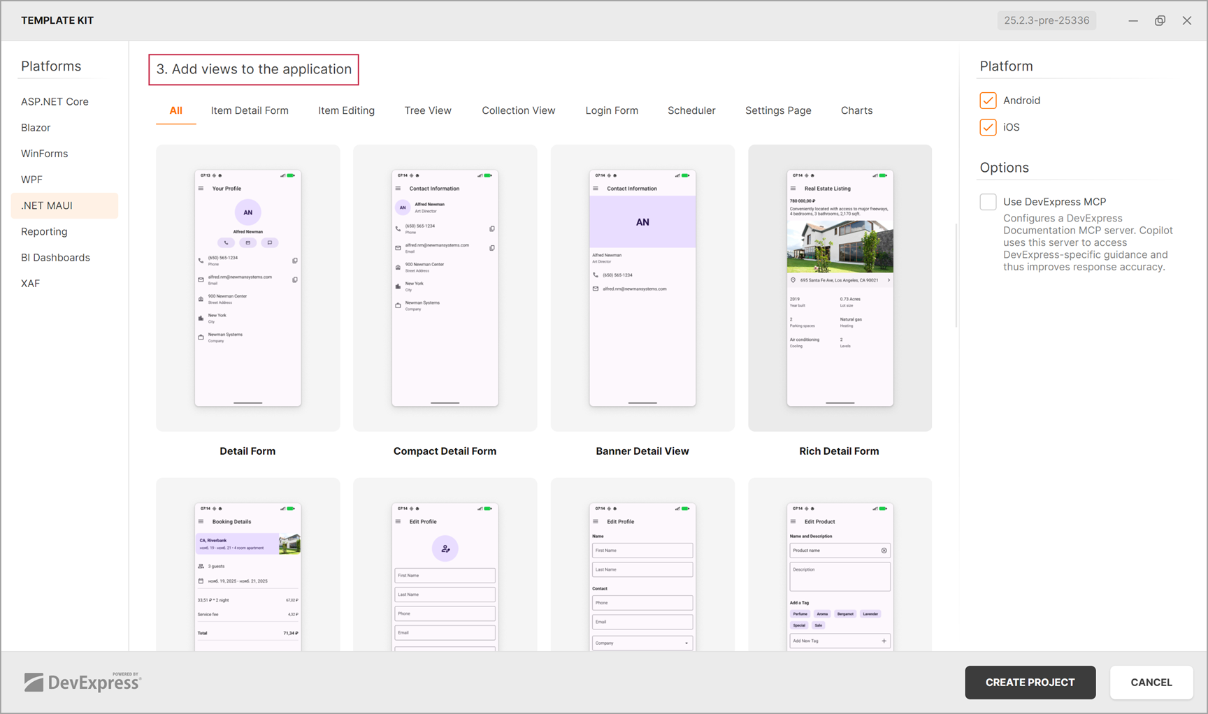 DevExpress Project Wizard for .NET MAUI - Pages tab