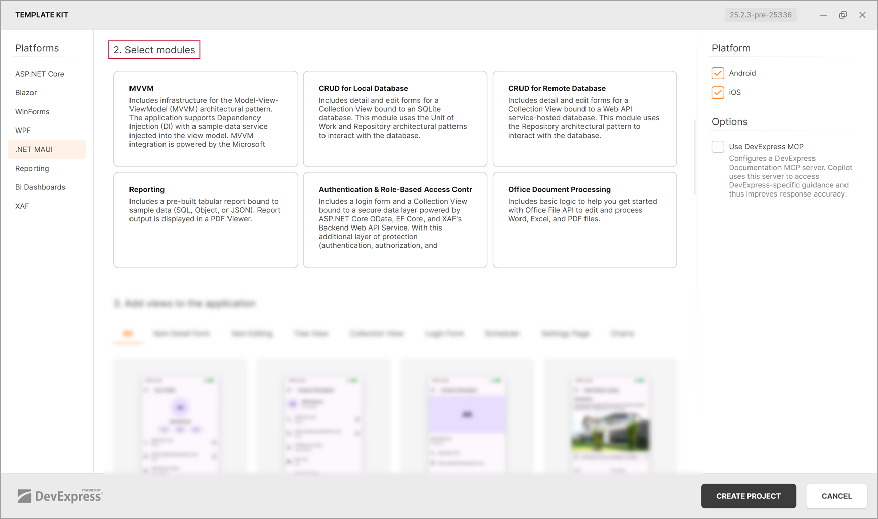 DevExpress Project Wizard for .NET MAUI - Modules tab