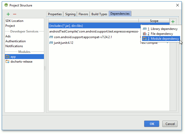 The location of the add module dependency button.