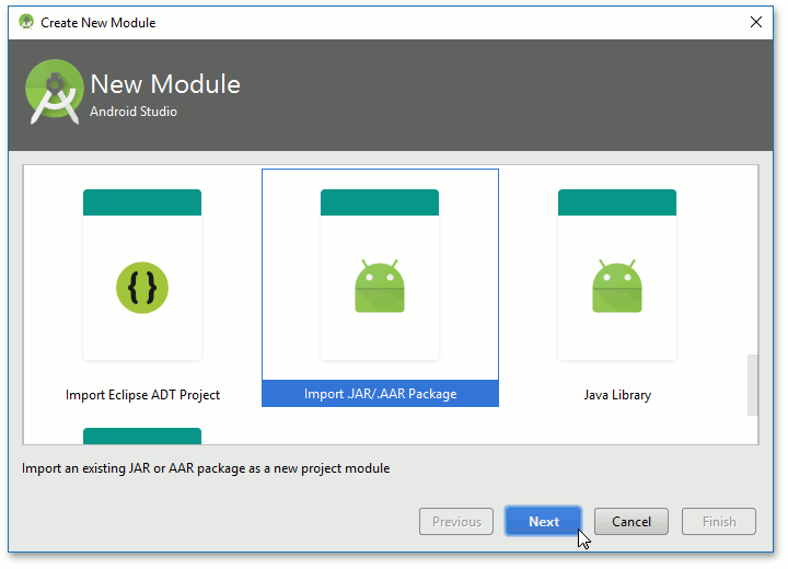 The Create New Module dialog with the selected Import .JAR/.AAR Package module type.