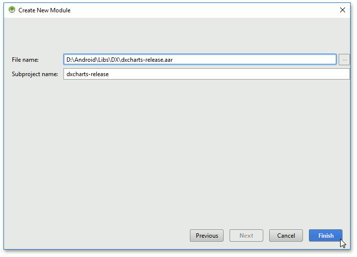 The wizard's last step with the specified path to the dxcharts-release package and the default module name.