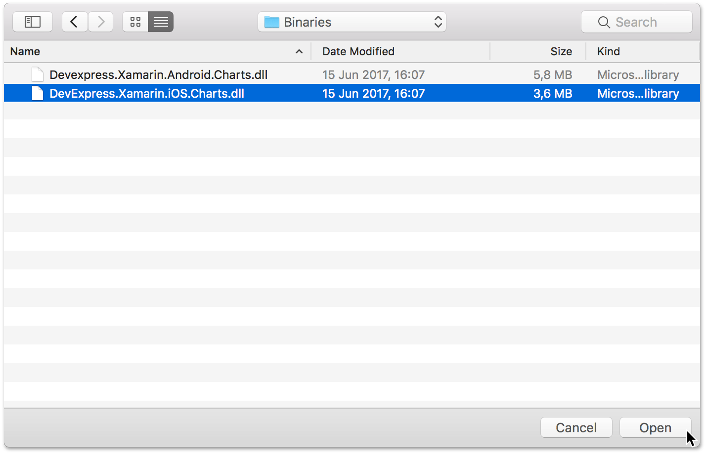 Selected framework in the selection dialog.