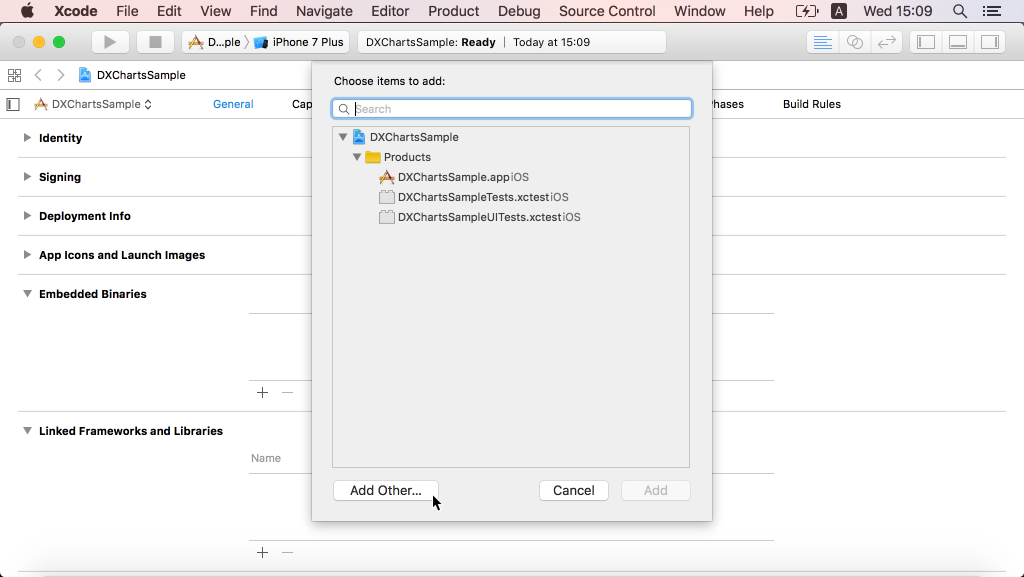 Add embedded binaries dialog.