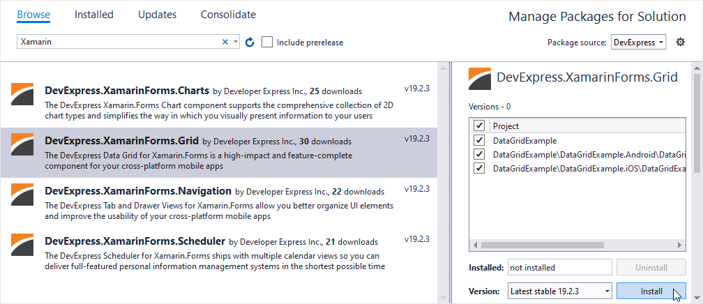 devexpress grid xamarin example