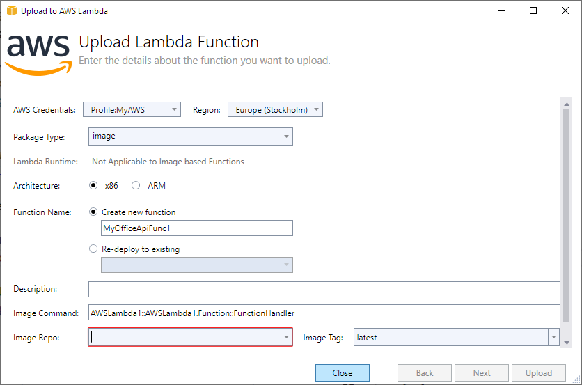 Upload lambda Function Dialog