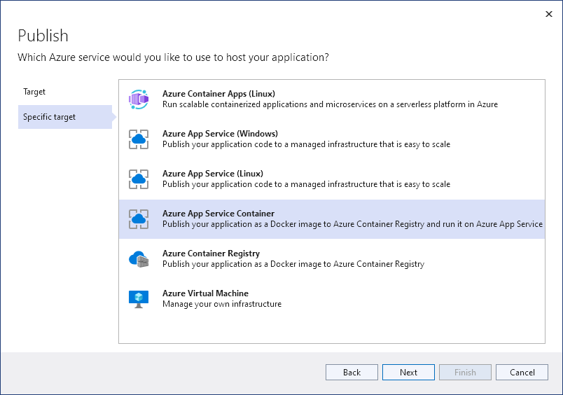 Select Azure App Service Container
