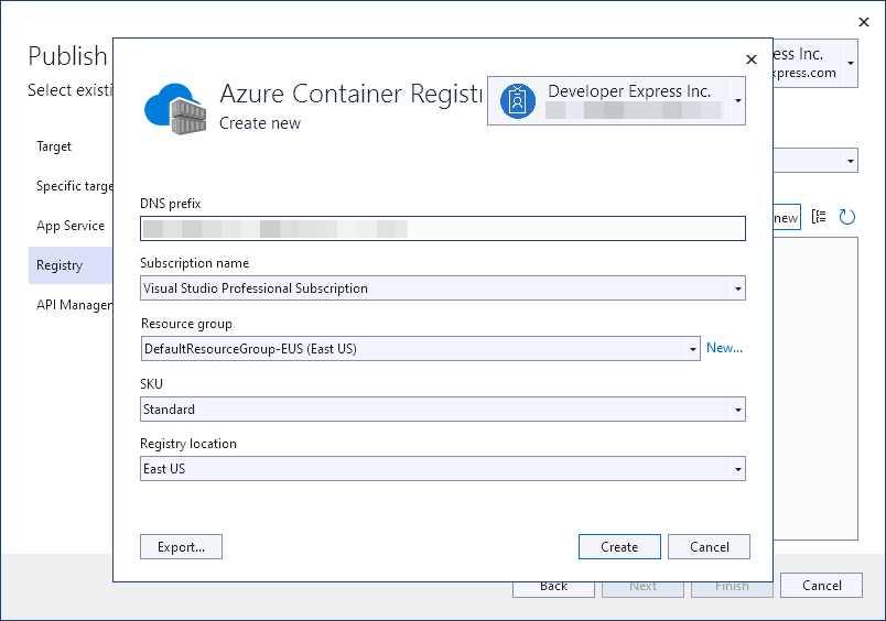Azure Container Registry Create New Dialog