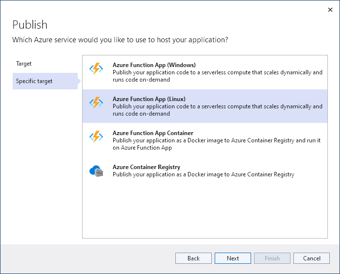 Select Azure Function App (Linux)