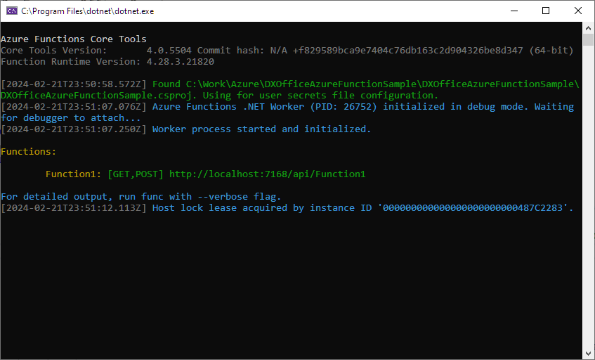 Azure Func Local Terminal Window