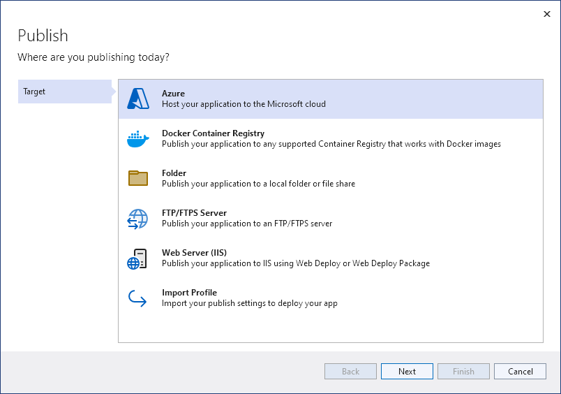 Azure Publish Dialog