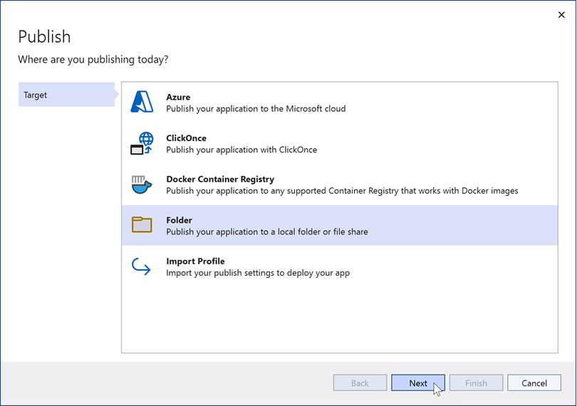 Select Folder as the publish target