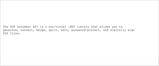 PDF page with center-aligned multiline paragraph describing the PDF Document API in Courier New font