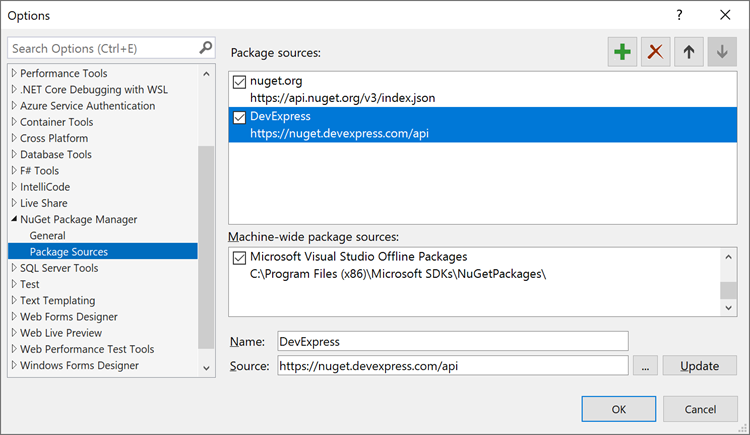 Add the DevExpress NuGet package source