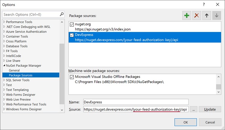 Add the DevExpress NuGet package source