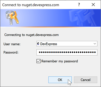 Enter credentials to access DevExpress packages