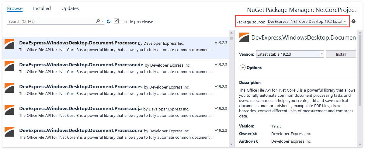 NuGet_Package_Manager_DevExpress_Local_Core3