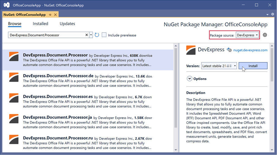 Use NuGet Packages to Install Office File API Components | Office File API  | DevExpress Documentation