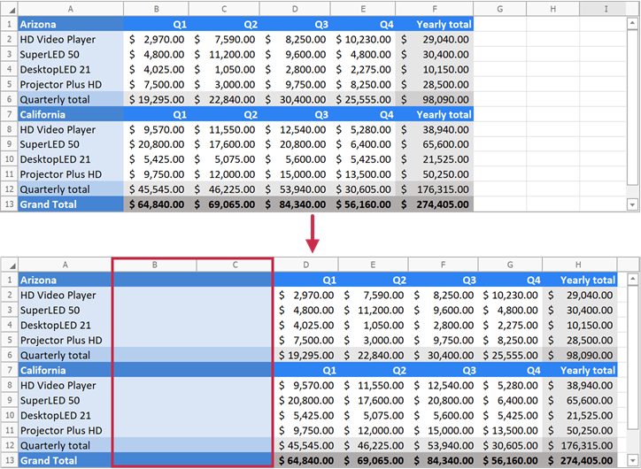 Insert columns and specify format options