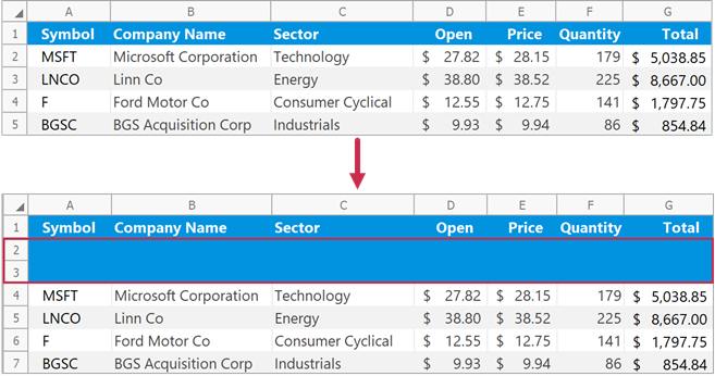 Insert rows and specify format options