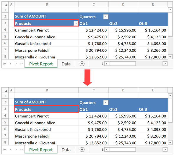 Hide a drop-down button for the pivot field