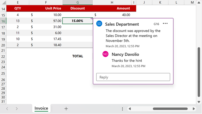 threaded comments in excel